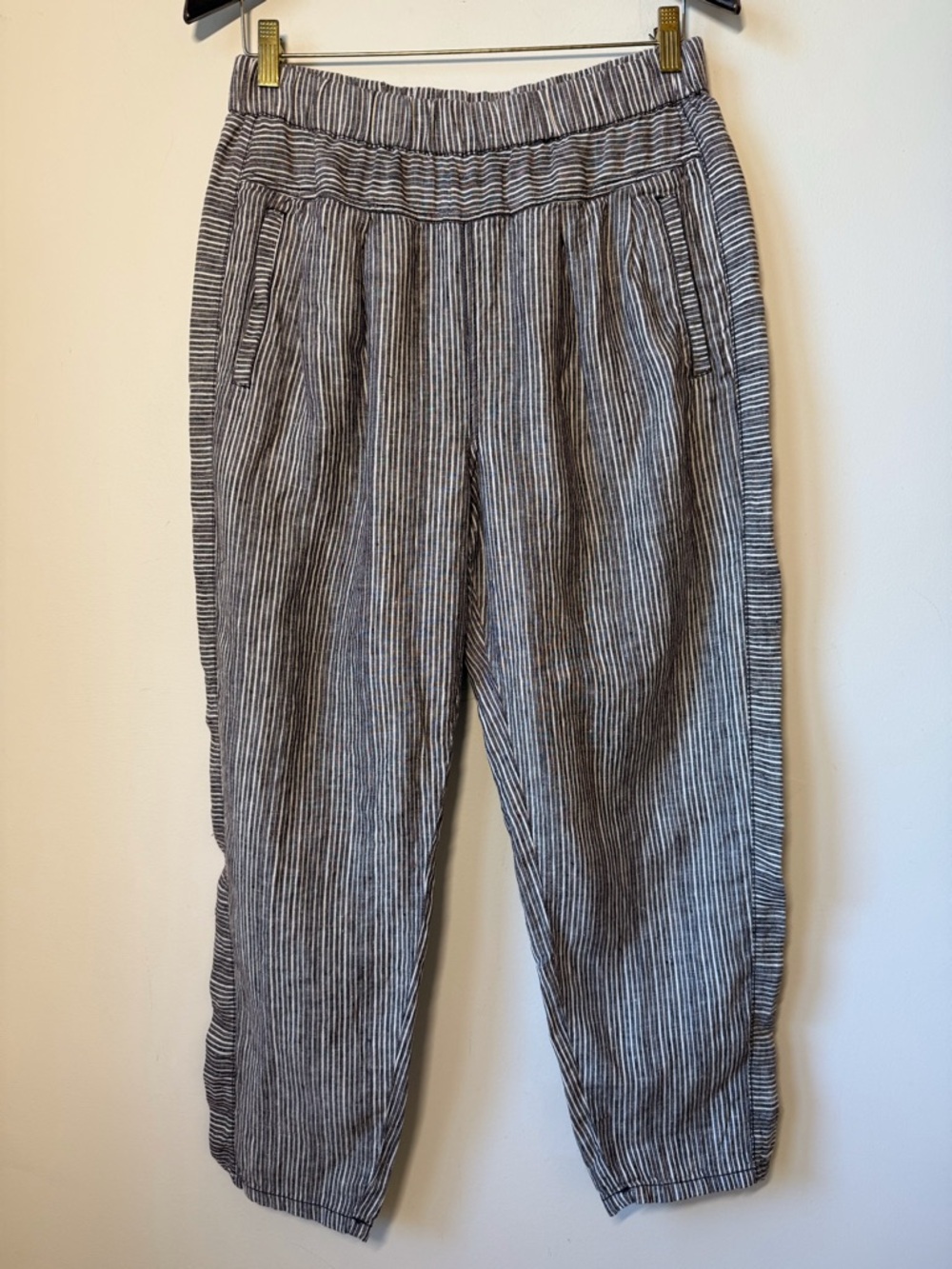 Hei Hei linen pants pull on elastic waist brown white stripe pockets